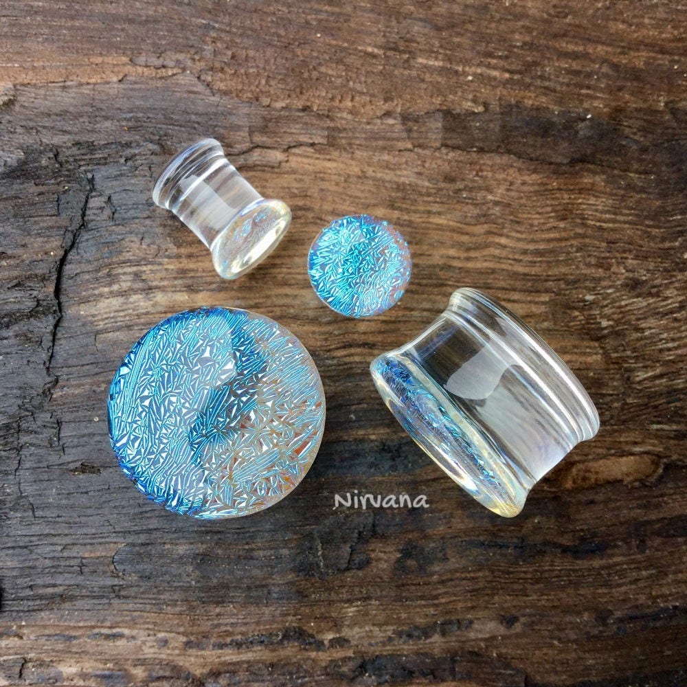 1 Pair (2 Pieces) Translucent Aqua Dichroic Glass Plugs