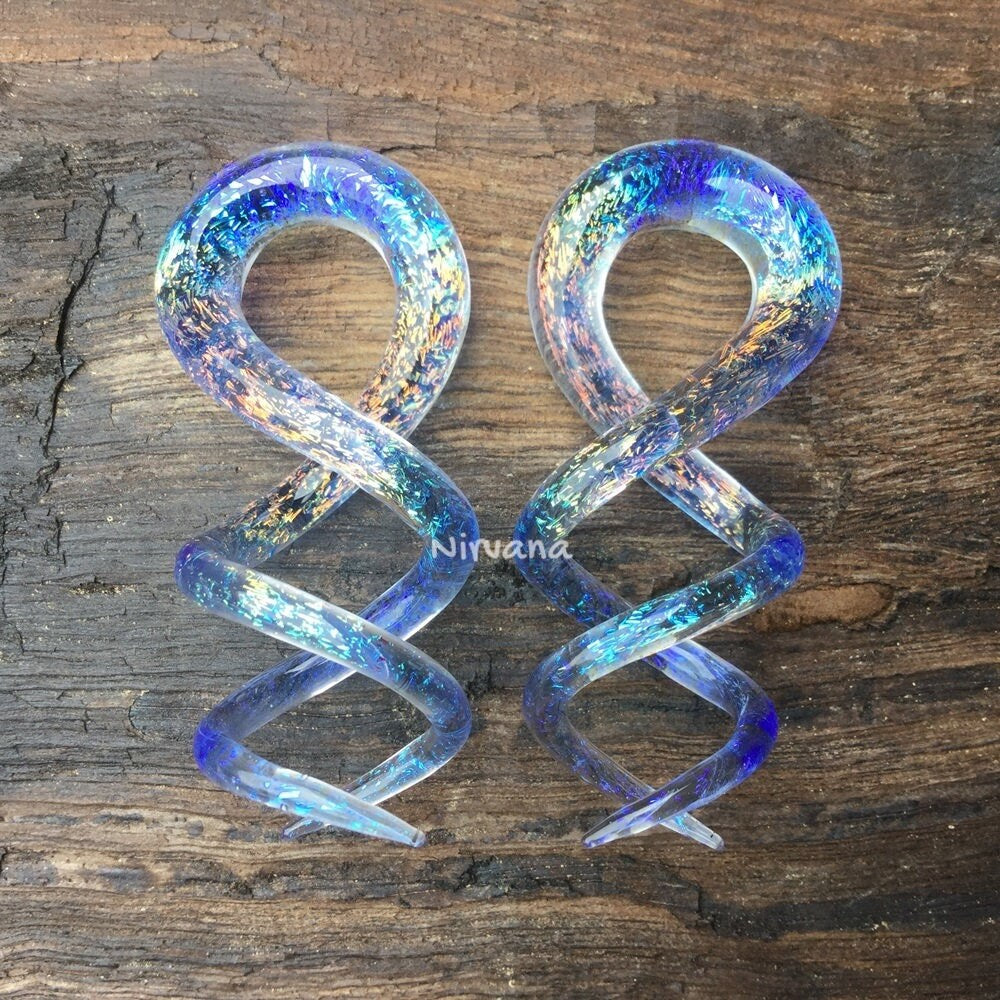 1 Pair (2 Pieces) Translucent Rainbow Dichroic Translucent Light Cobalt Glass Cork Screw Spirals