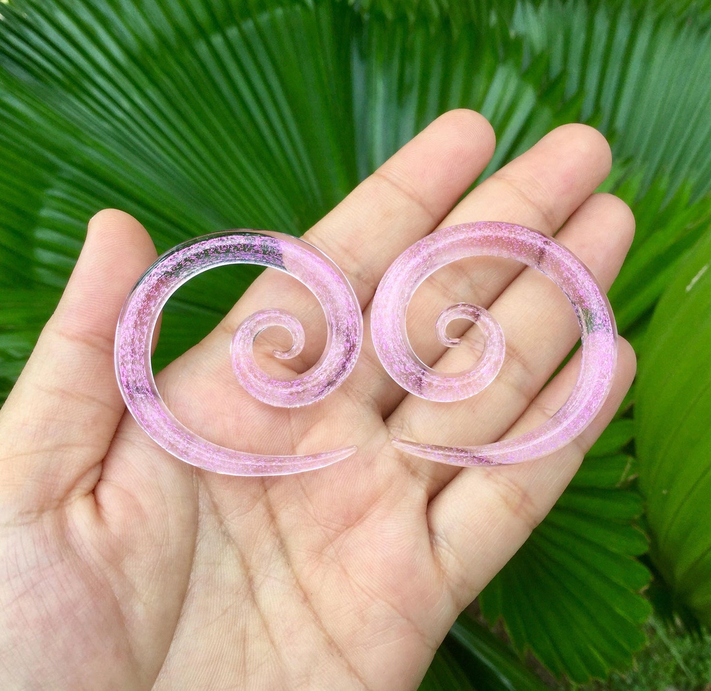 1 Pair (2 Pieces) Translucent Hot Pink Dichroic Trans Pink Glass Super Spirals