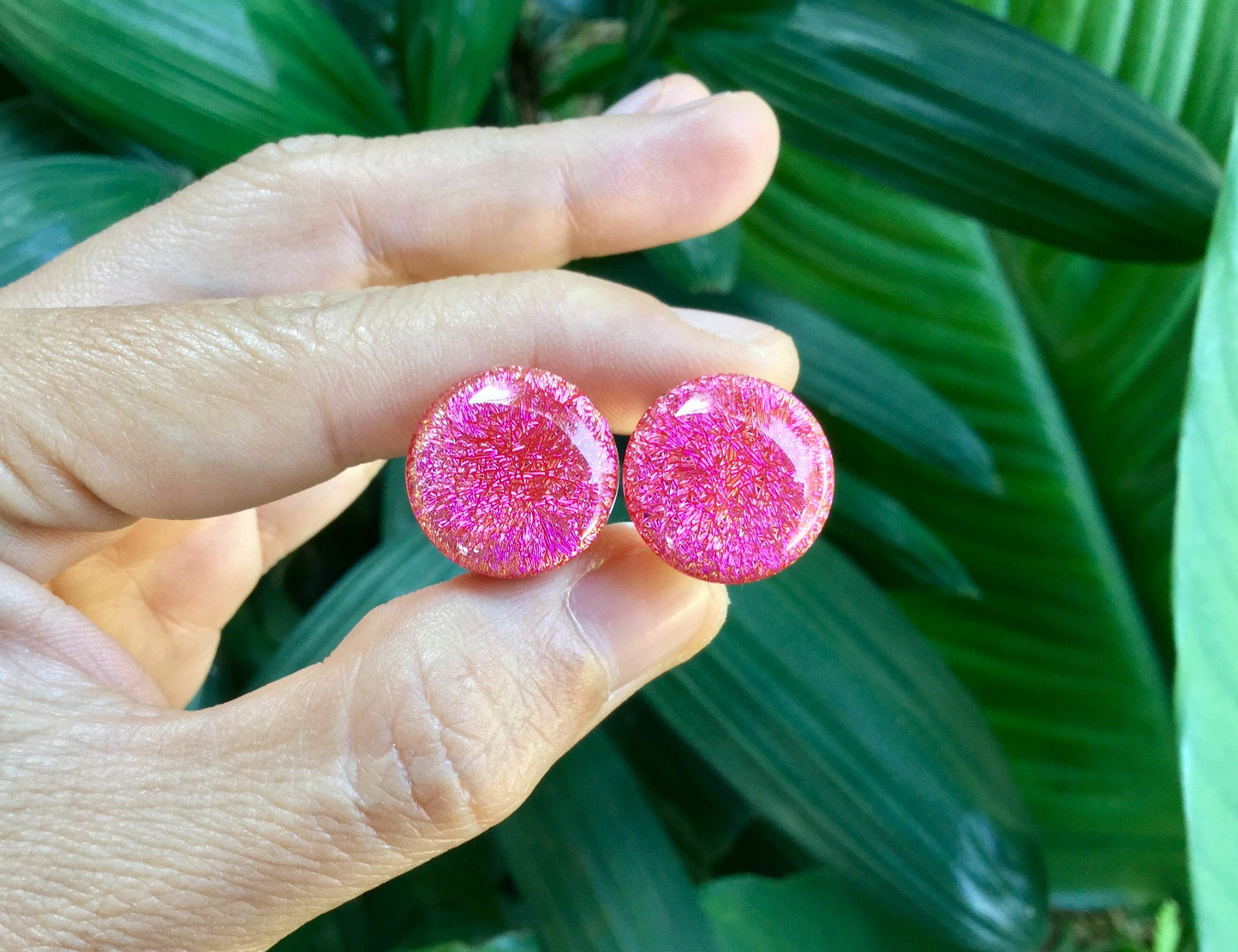 1 Pair (2 Pieces) Cherry Red Pink Dichroic Glass Plugs