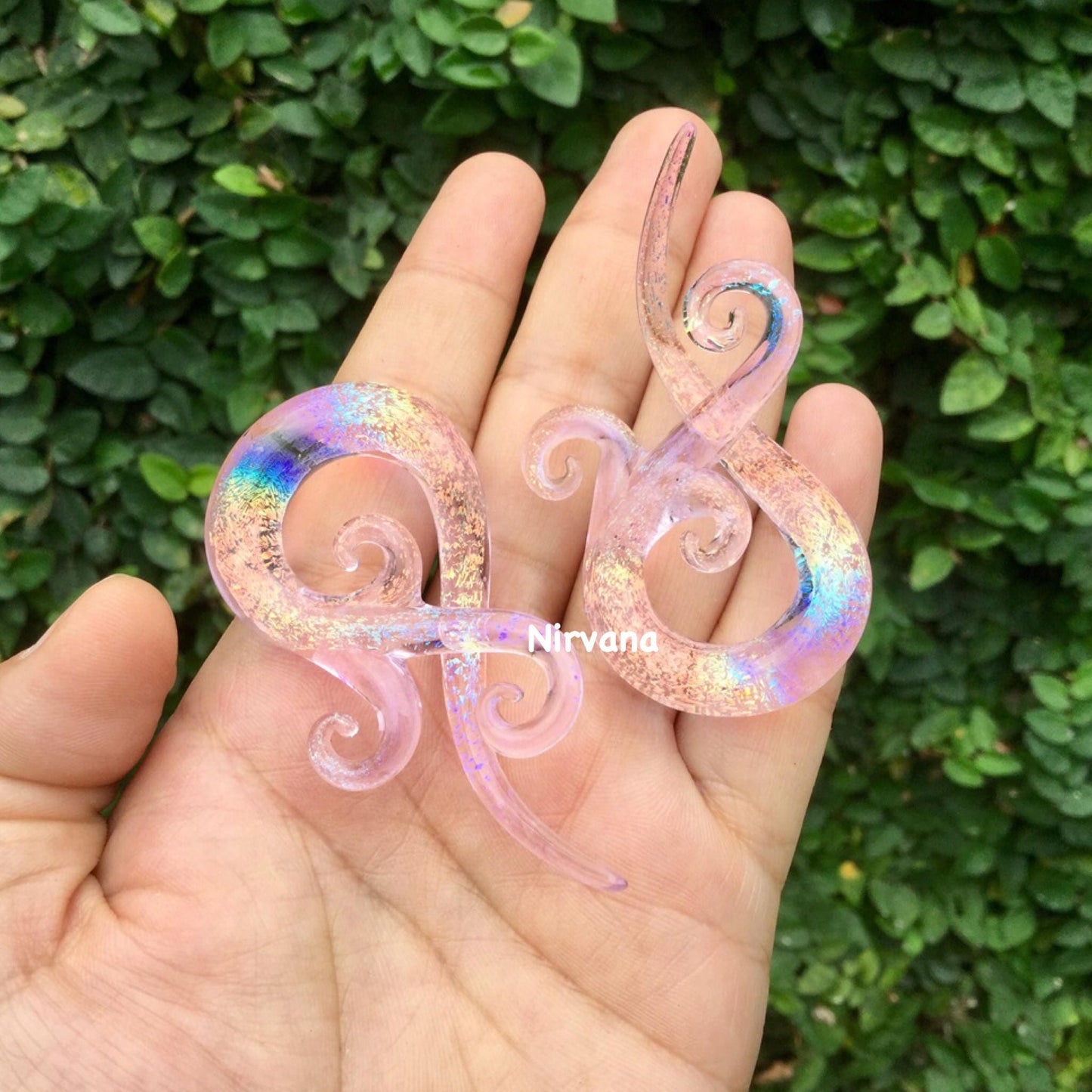 1 Pair (2 Pieces) Tranlucent Rainbow Dichroic Translucent Pink Encased Bonita Spirals
