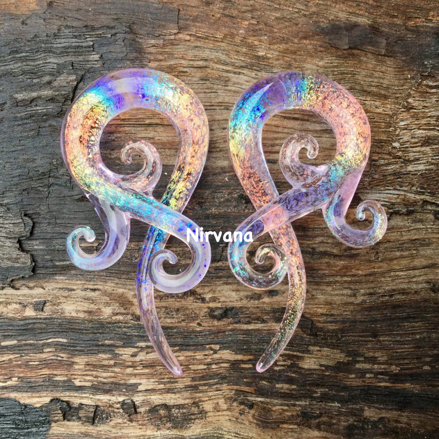 1 Pair (2 Pieces) Tranlucent Rainbow Dichroic Translucent Pink Encased Bonita Spirals