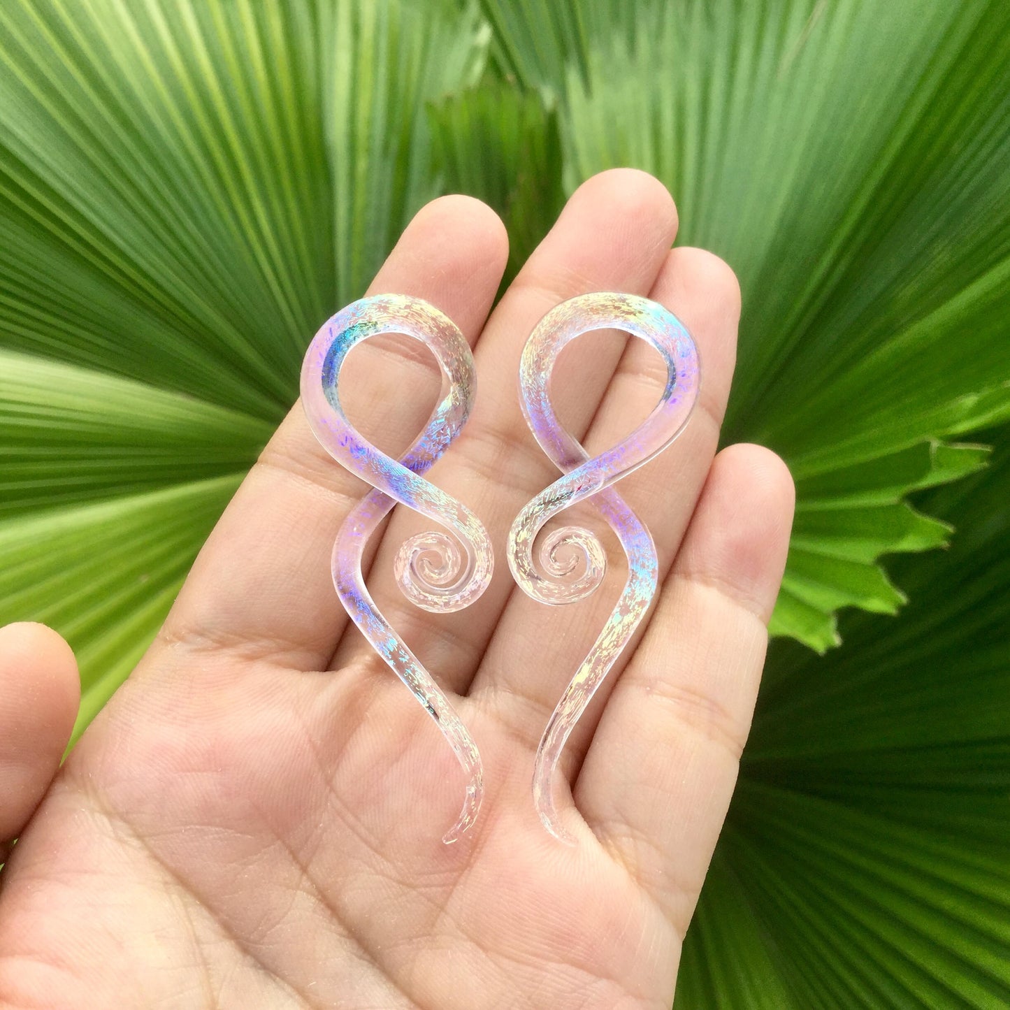 1 Pair (2 pieces) Translucent Aquatic Rainbow With Translucent Pink Background Dichroic Glass Note Spirals