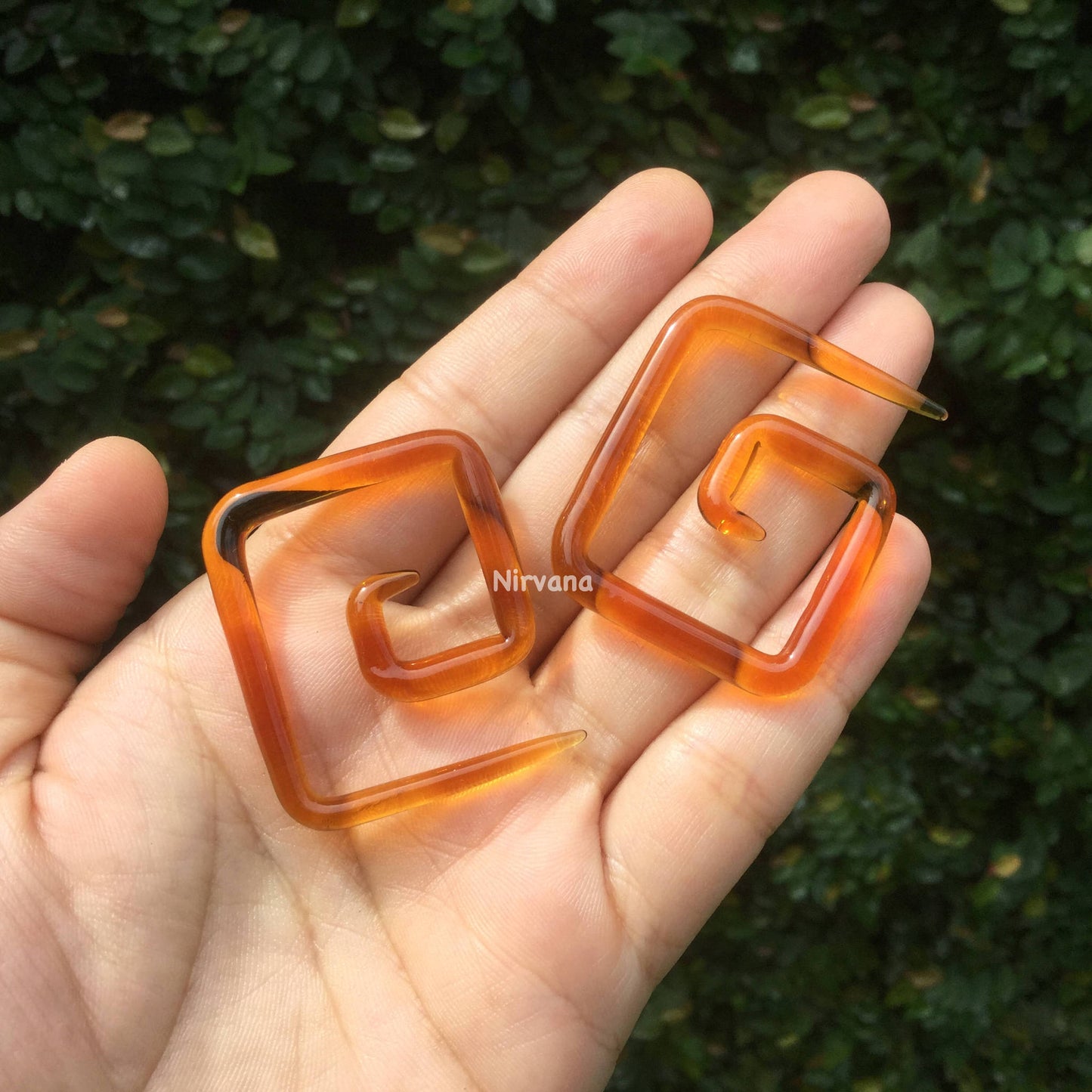 1 Pair (2 Pieces) Translucent Amber Colored Glass Square Spirals
