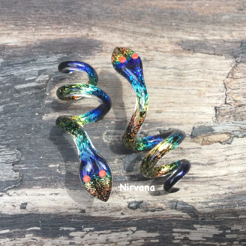1 Pair (2 Pieces) Aquatic Rainbow Dichroic Glass Snake Spirals