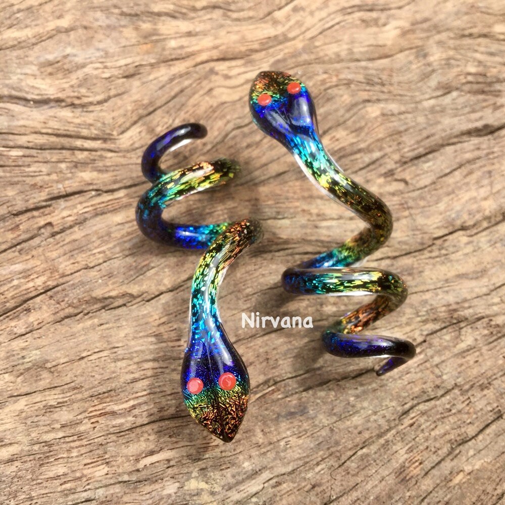 1 Pair (2 Pieces) Aquatic Rainbow Dichroic Glass Snake Spirals