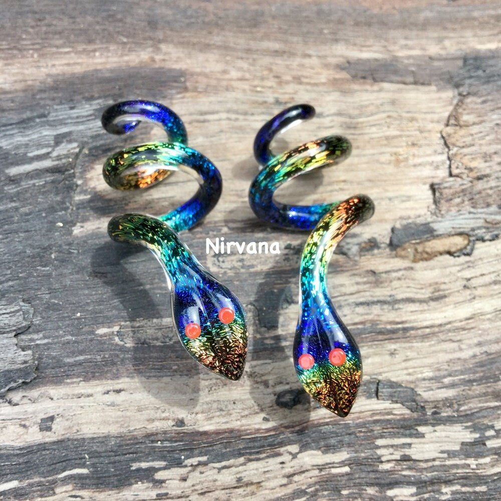 1 Pair (2 Pieces) Aquatic Rainbow Dichroic Glass Snake Spirals