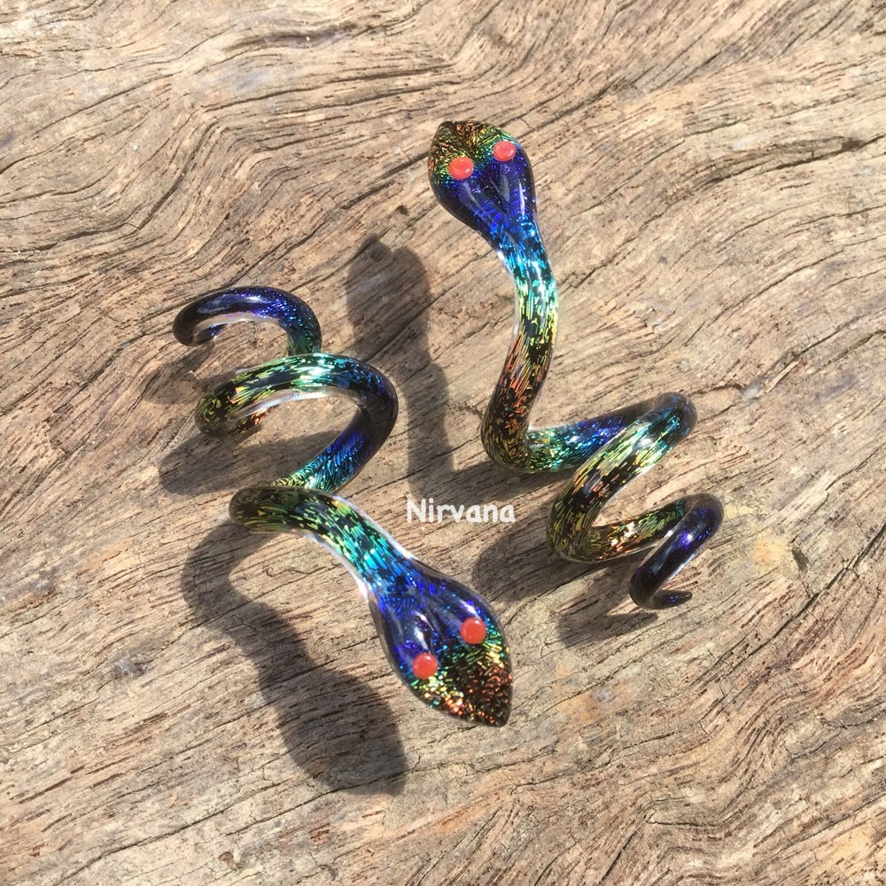 1 Pair (2 Pieces) Aquatic Rainbow Dichroic Glass Snake Spirals