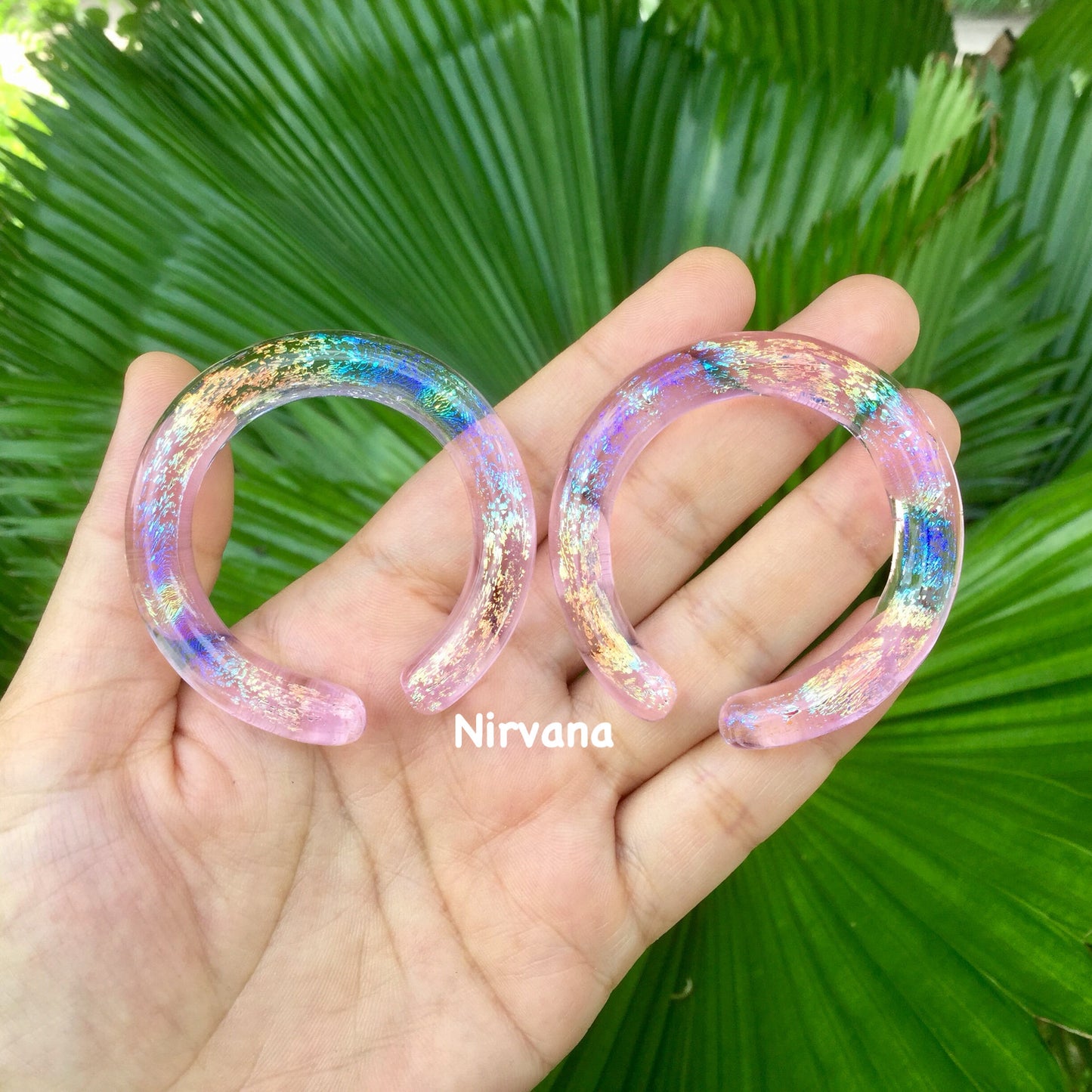 1 Pair (2 Pieces) Translucent Rainbow Dichroic Translucent Pink Glass Hoops