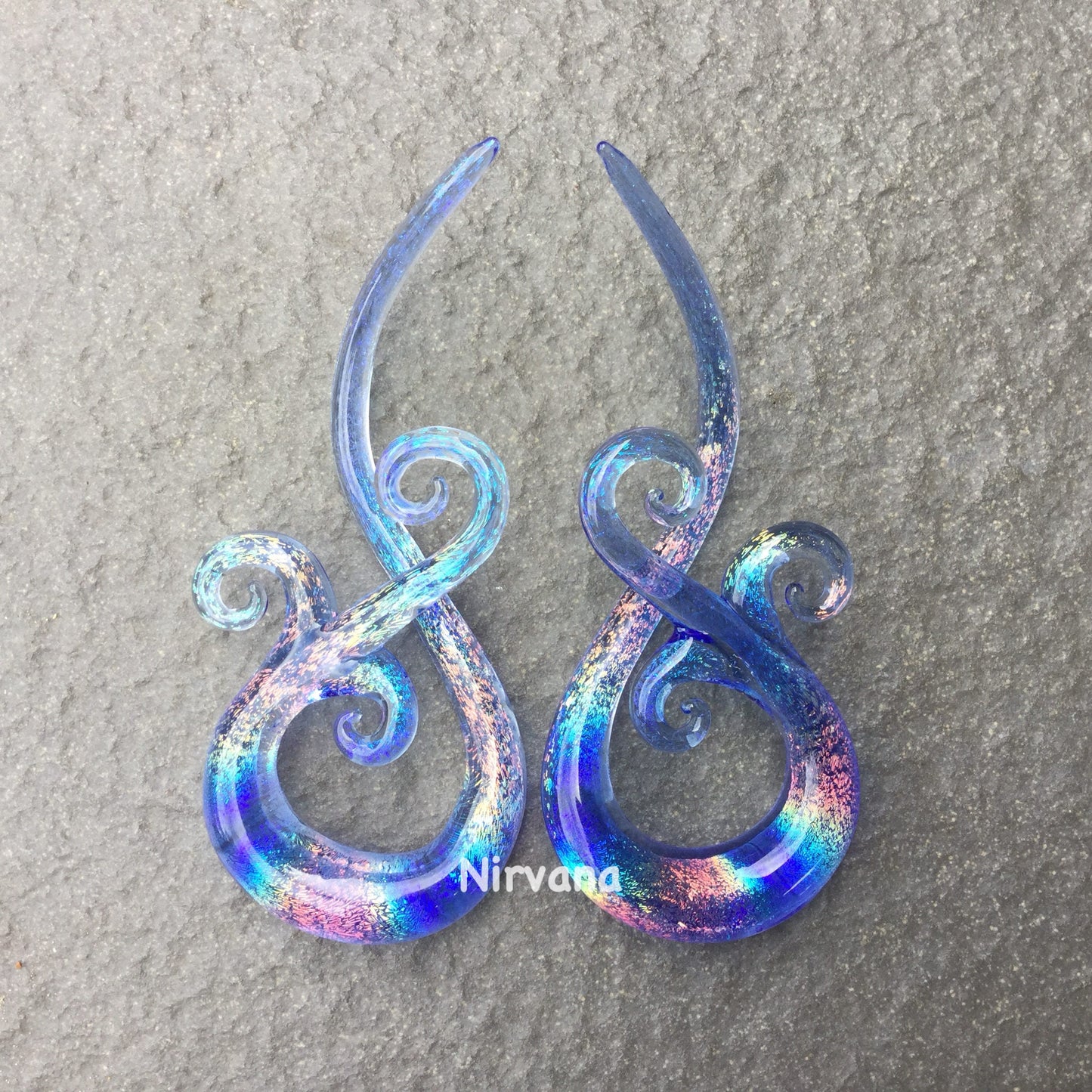 1 Pair (2 Pieces) Tranlucent Rainbow Dichroic Translucent Light Blue Encased Bonita Spirals