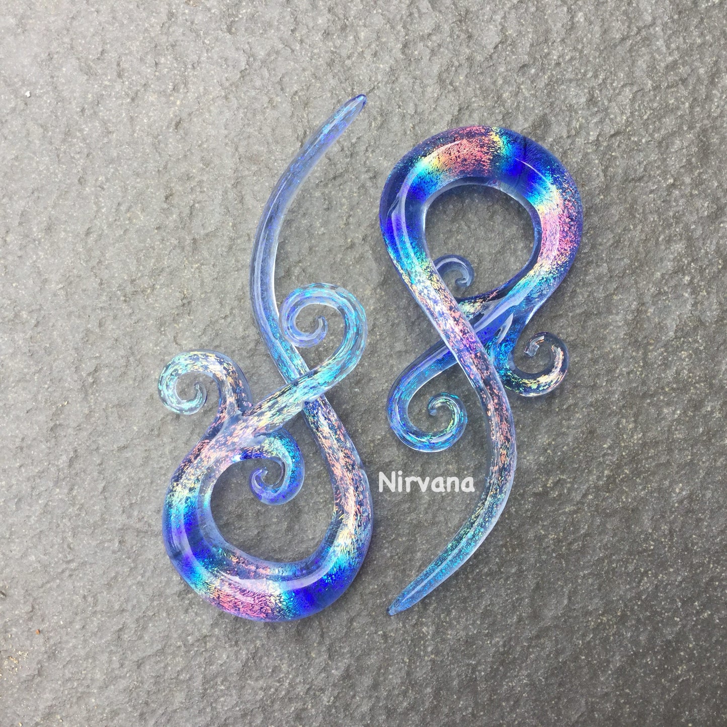 1 Pair (2 Pieces) Tranlucent Rainbow Dichroic Translucent Light Blue Encased Bonita Spirals