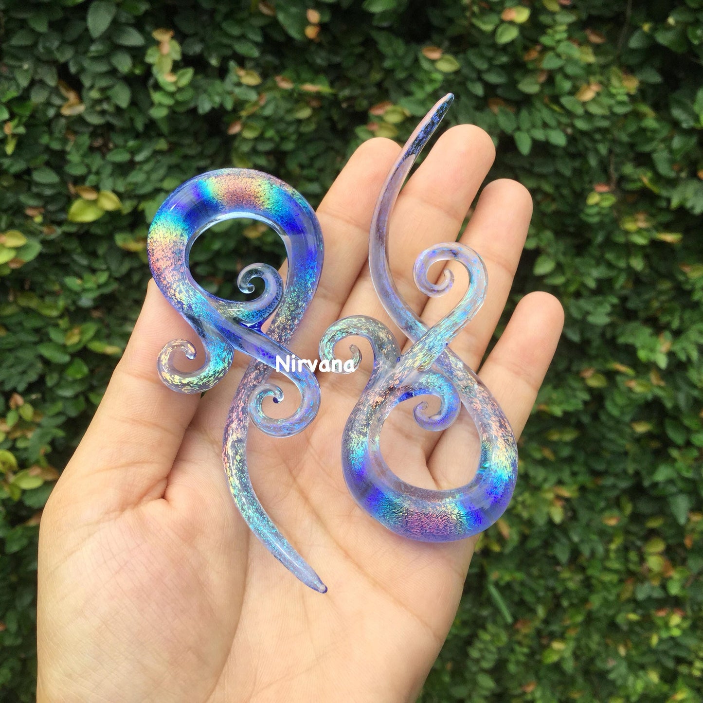 1 Pair (2 Pieces) Tranlucent Rainbow Dichroic Translucent Light Blue Encased Bonita Spirals