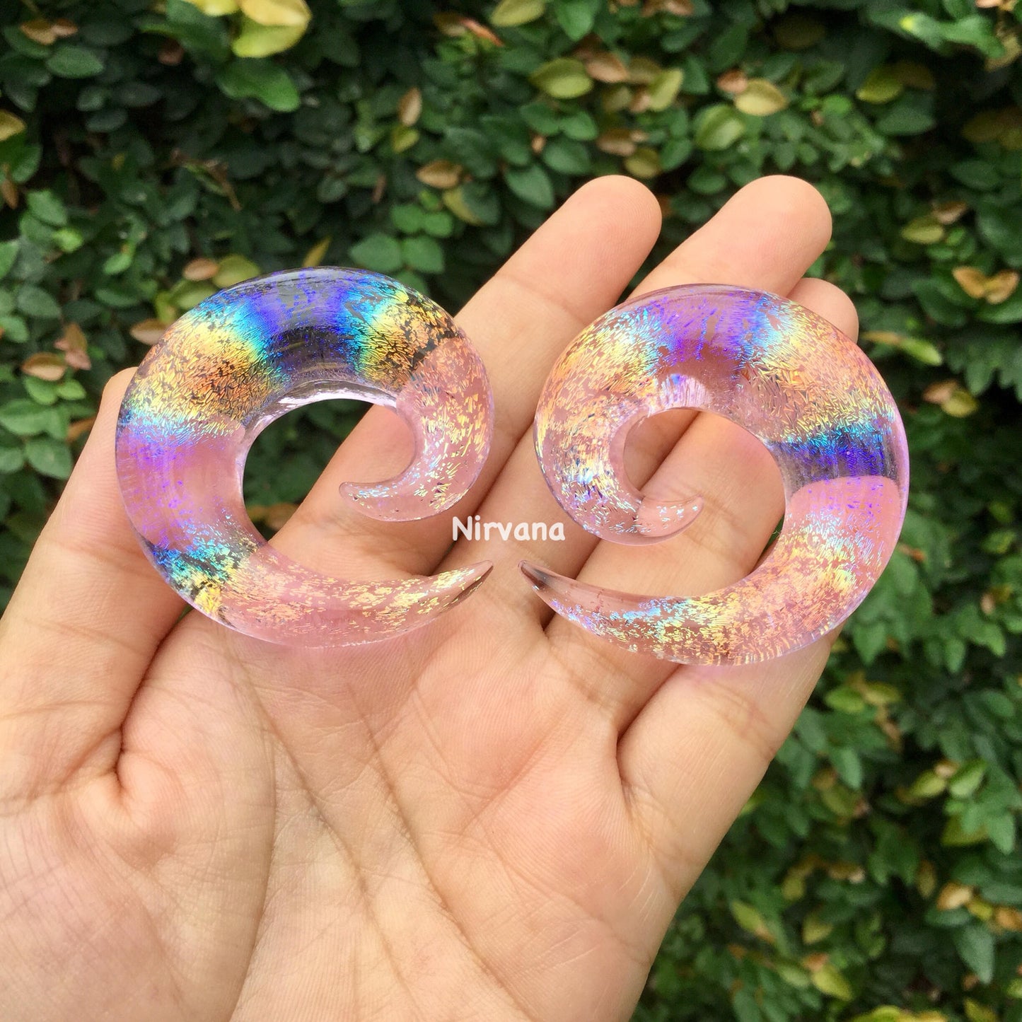 1 Pair (2 Pieces) Translucent Pink Translucent Rainbow Dichroic Glass Classic Spirals