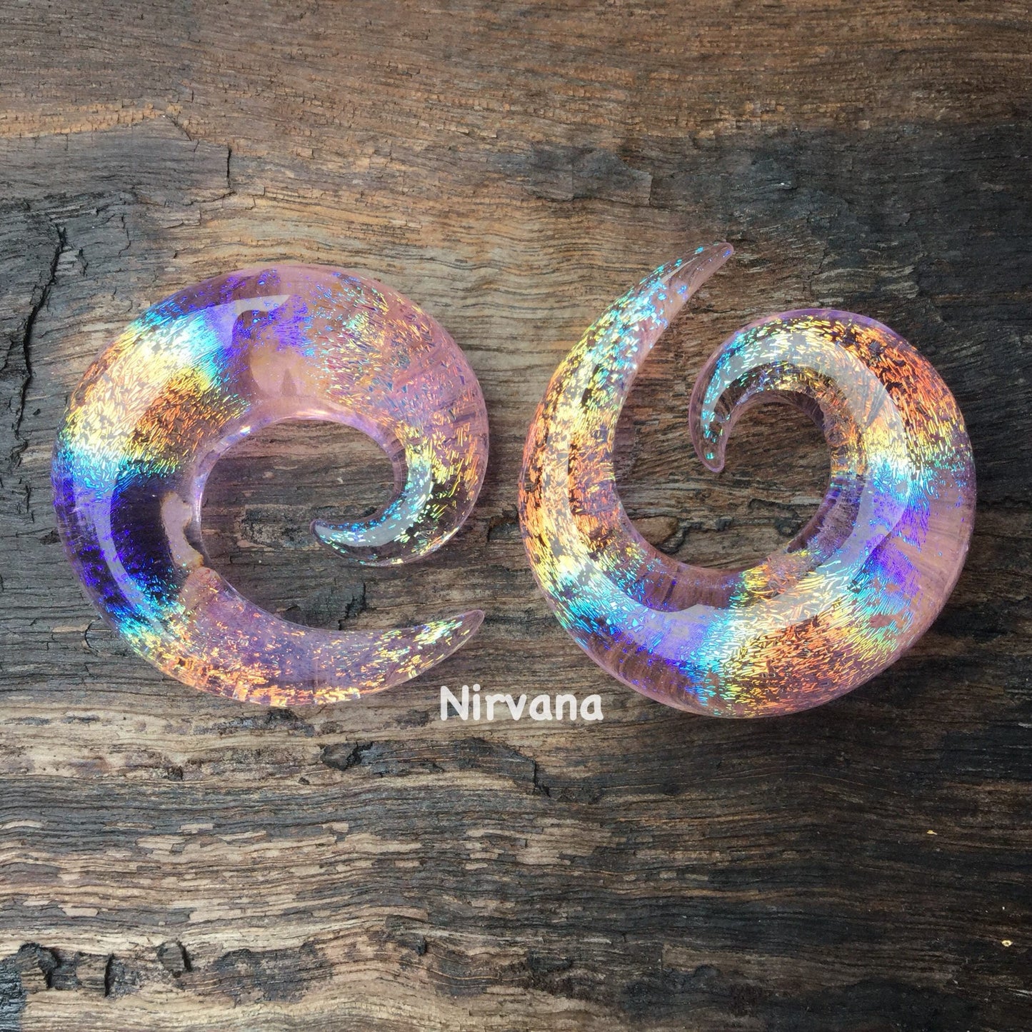 1 Pair (2 Pieces) Translucent Pink Translucent Rainbow Dichroic Glass Classic Spirals
