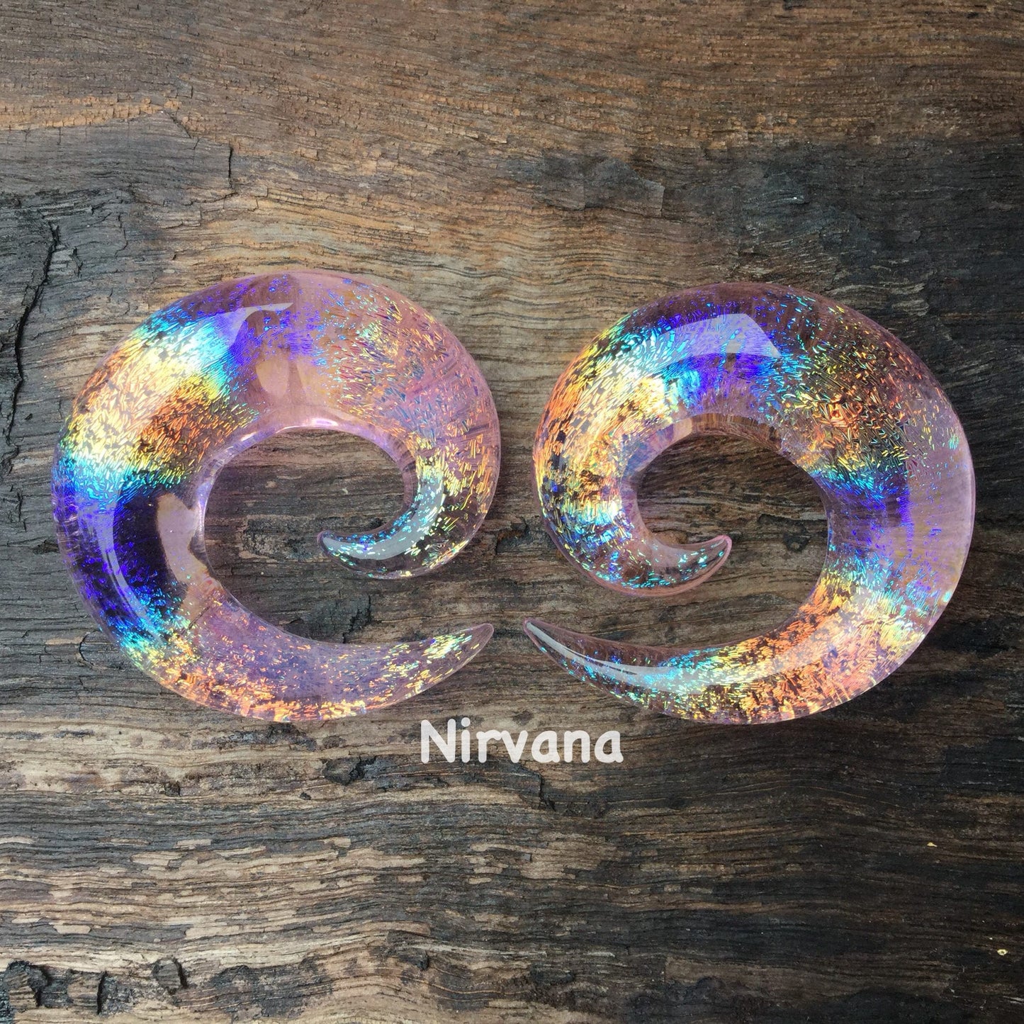 1 Pair (2 Pieces) Translucent Pink Translucent Rainbow Dichroic Glass Classic Spirals