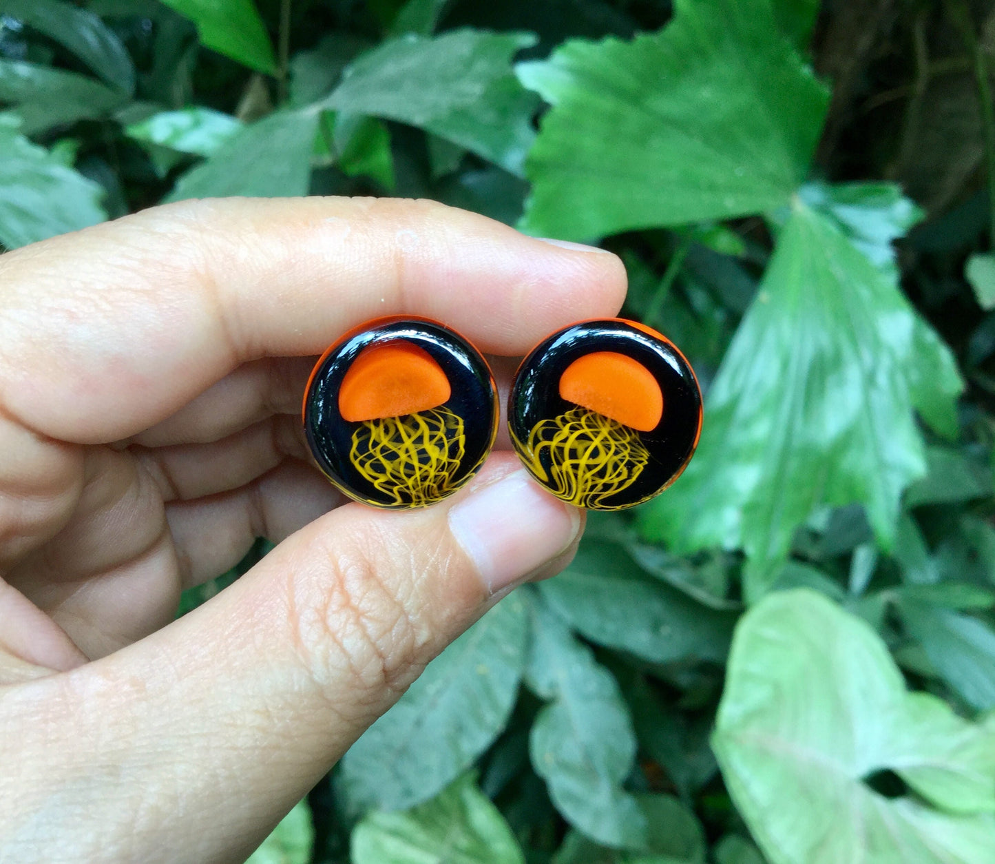 1 Pair (2 Pieces) Pyrex Glass Orange Jellyfish Plugs Black Background Dk Yellow Legs