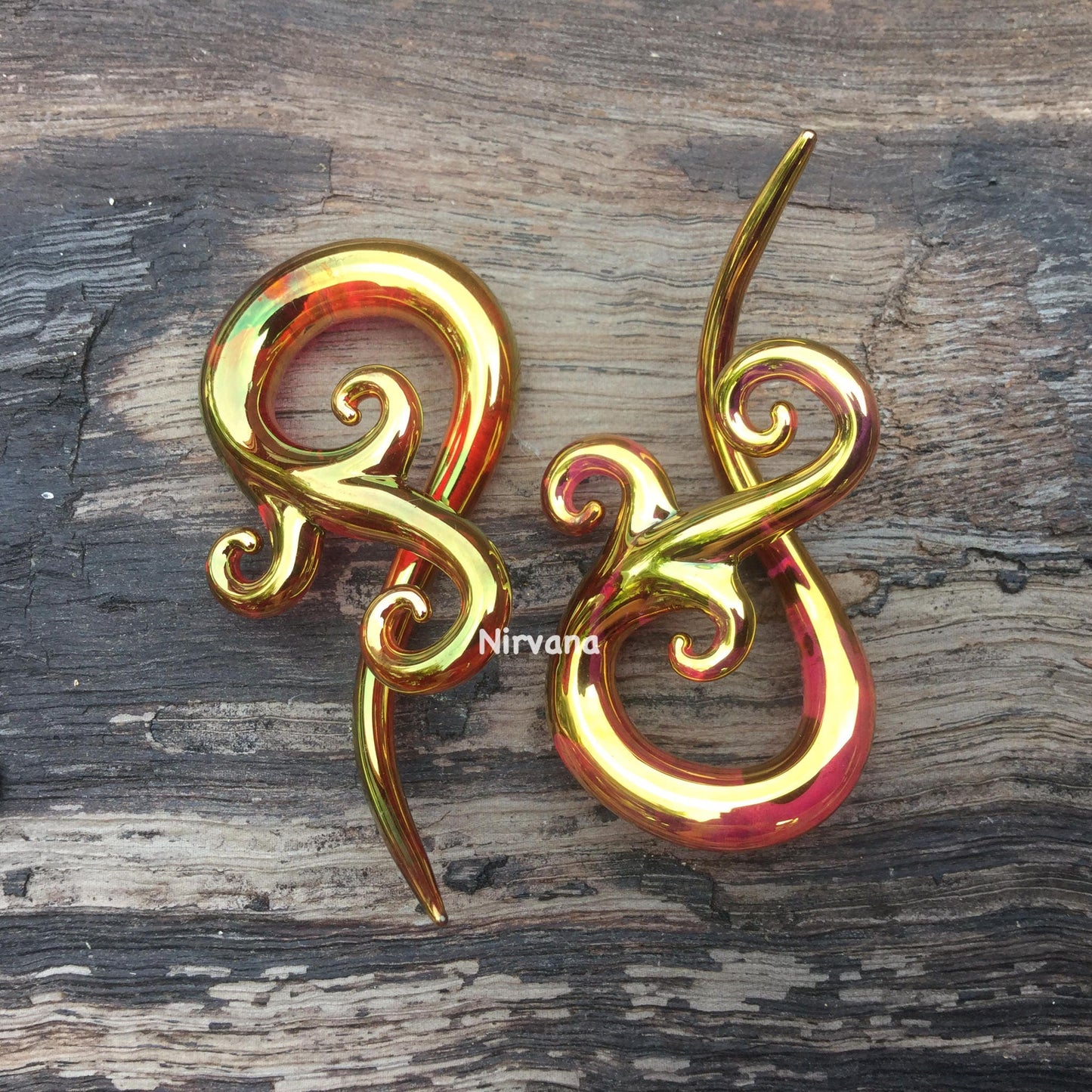 1 Pair (2 Pieces) Real 24 Karat Ruby Gold Colored Glass Bonita Spirals