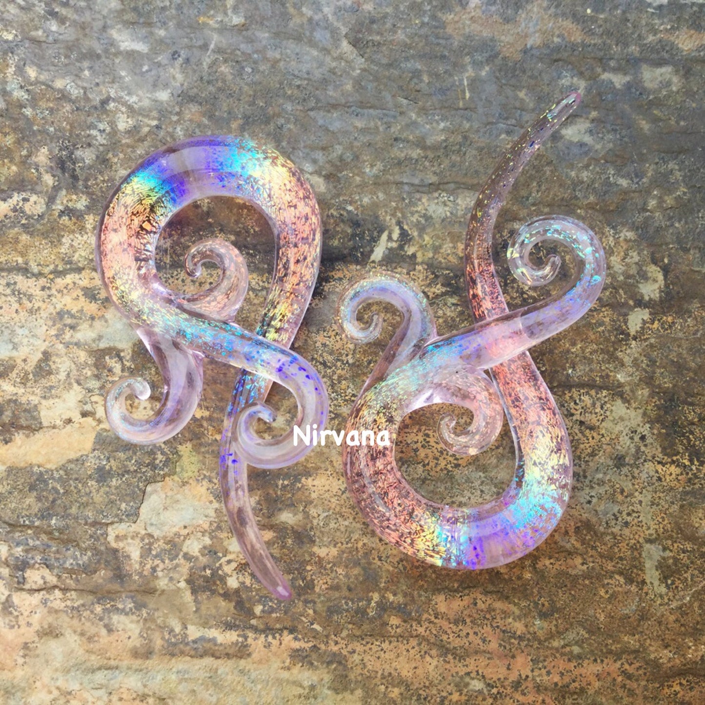 1 Pair (2 Pieces) Tranlucent Rainbow Dichroic Translucent Pink Encased Bonita Spirals