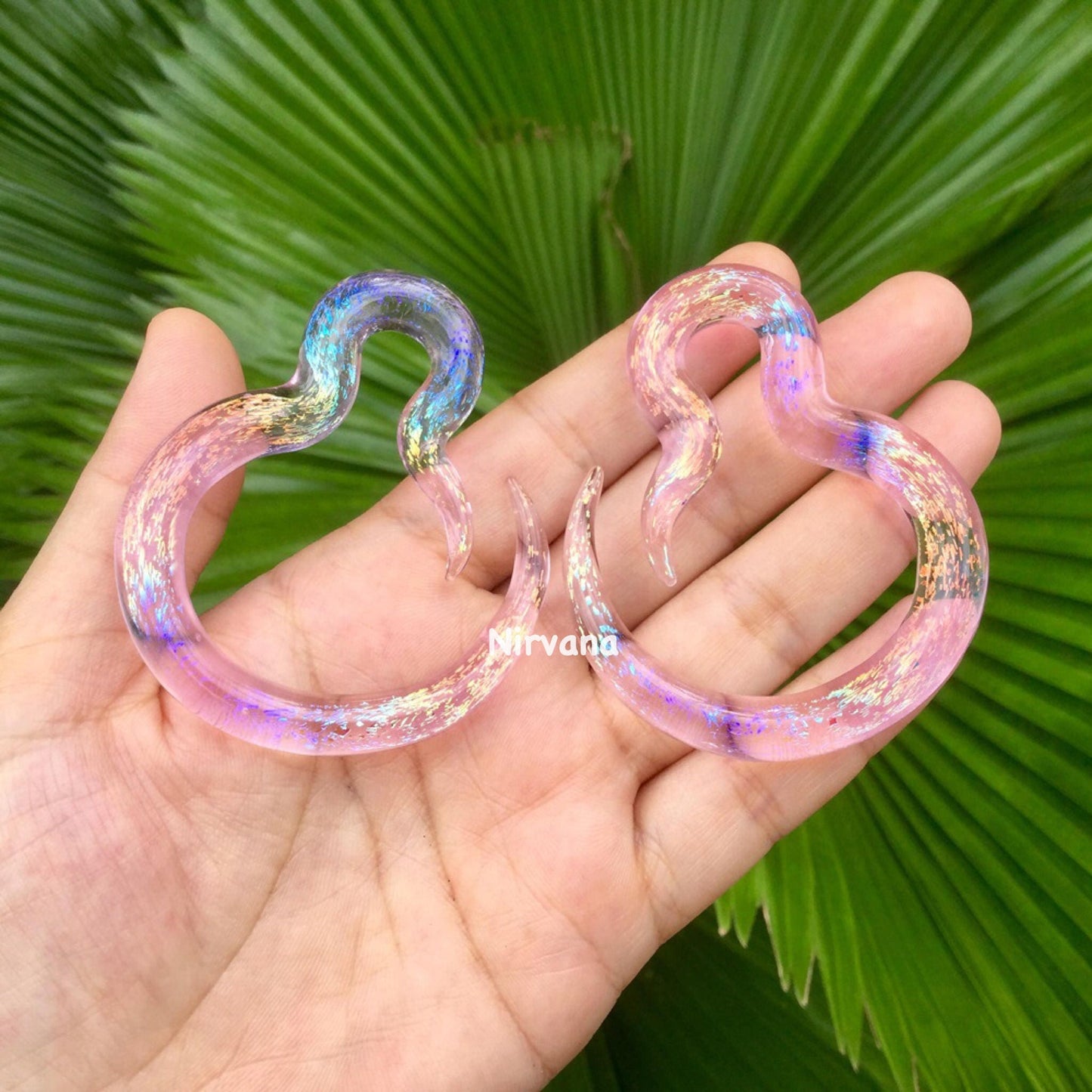 1 Pair (2 Pieces) Translucent Pink Translucent Aquatic Rainbow Dichroic Glass Borneo Spirals