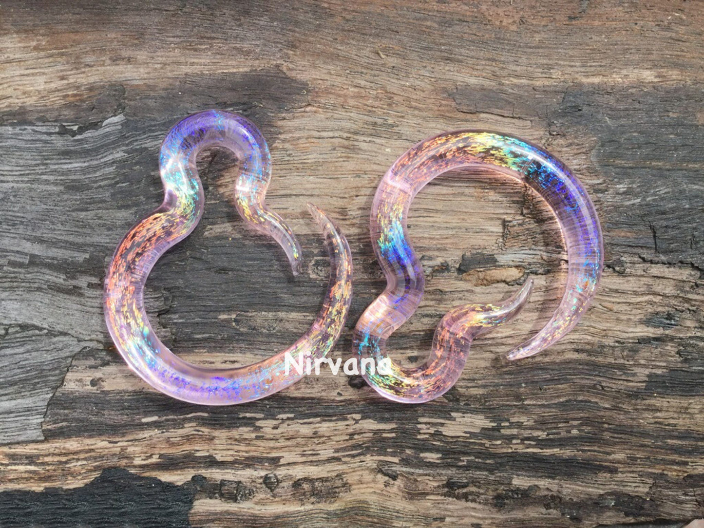 1 Pair (2 Pieces) Translucent Pink Translucent Aquatic Rainbow Dichroic Glass Borneo Spirals