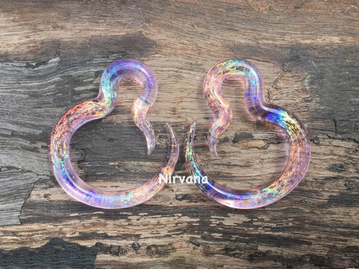 1 Pair (2 Pieces) Translucent Pink Translucent Aquatic Rainbow Dichroic Glass Borneo Spirals