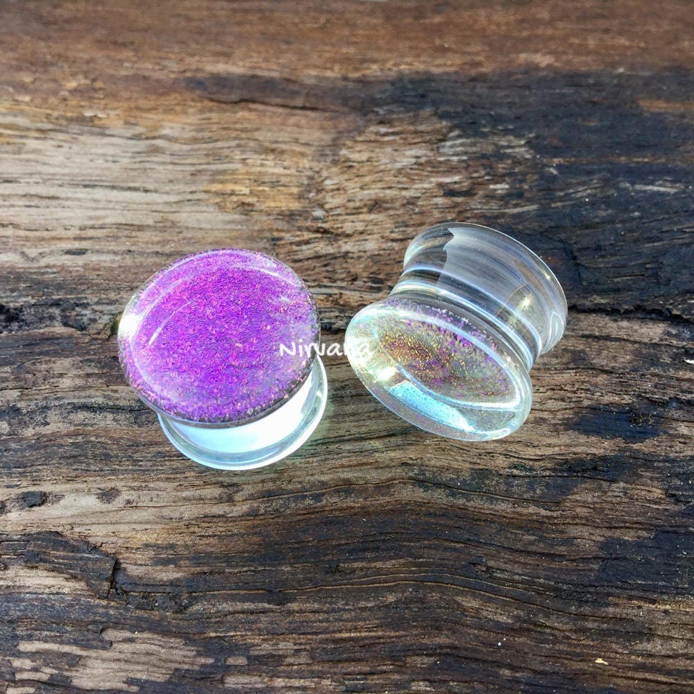 1 Pair (2 Pieces) Translucent Purple Dichroic Glass Plugs