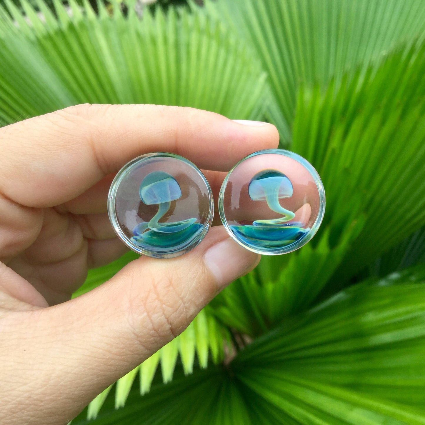 1 Pair (2 Pieces) Magic Mushroom Plugs Pyrex Glass Exotic Blue