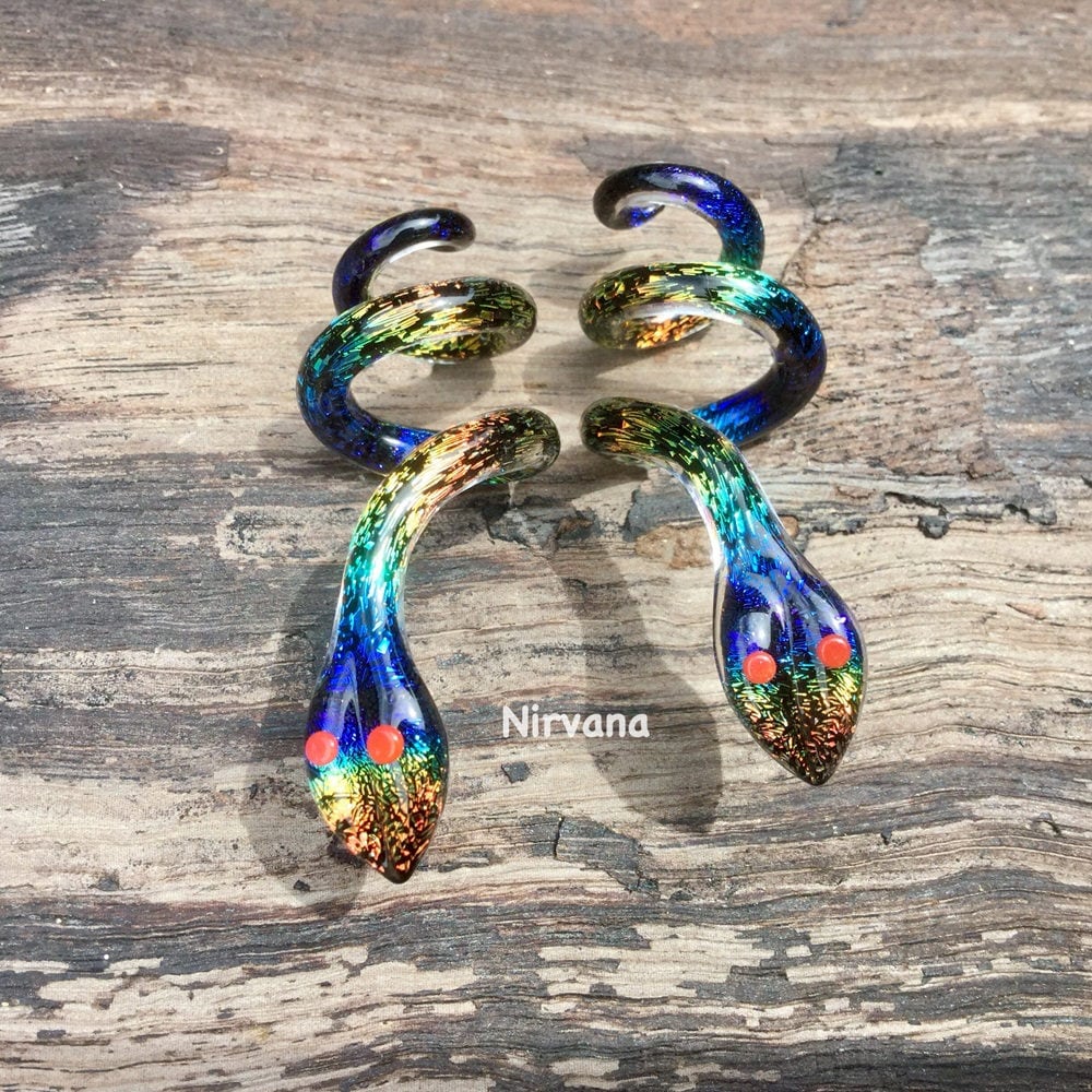 1 Pair (2 Pieces) Aquatic Rainbow Dichroic Glass Snake Spirals
