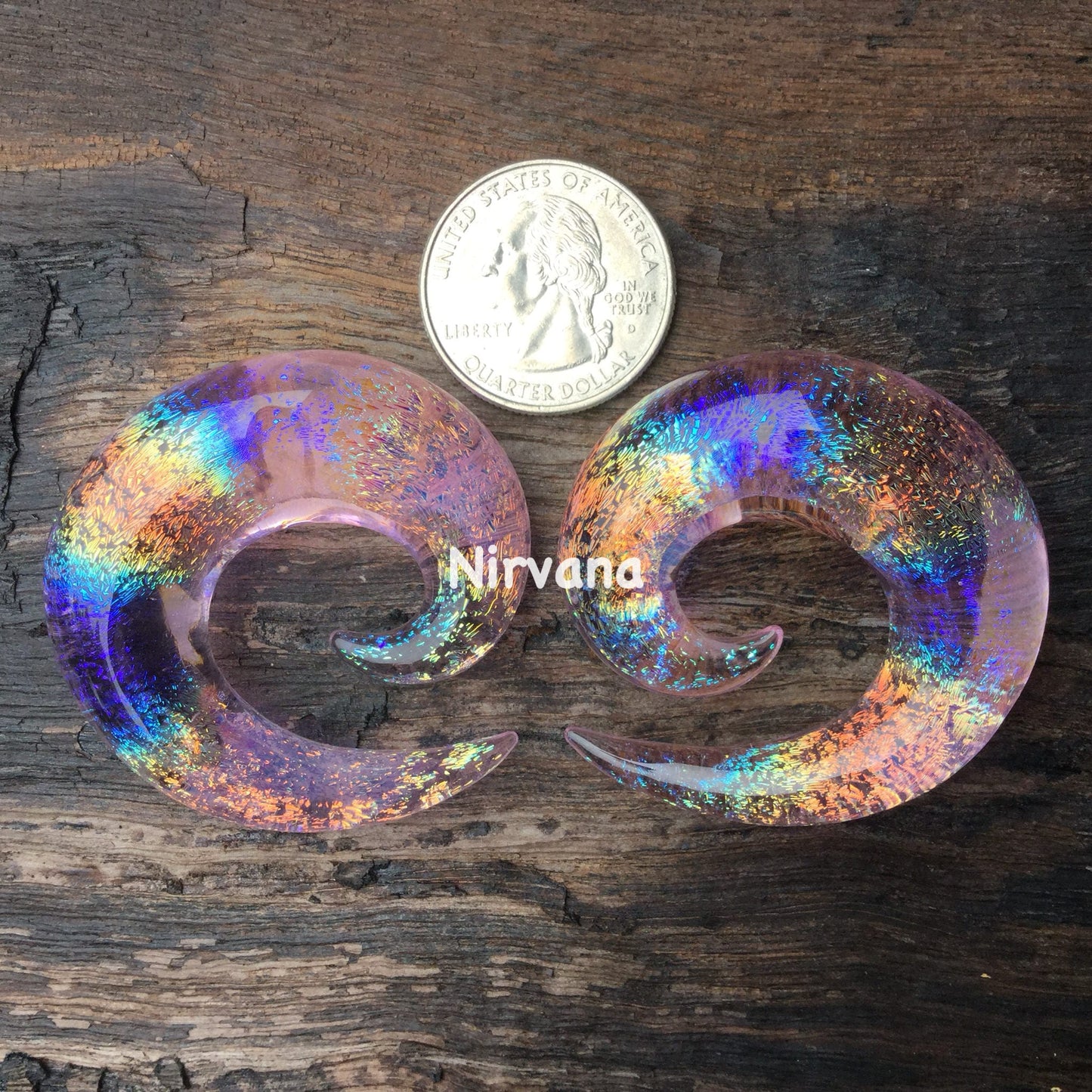 1 Pair (2 Pieces) Translucent Pink Translucent Rainbow Dichroic Glass Classic Spirals