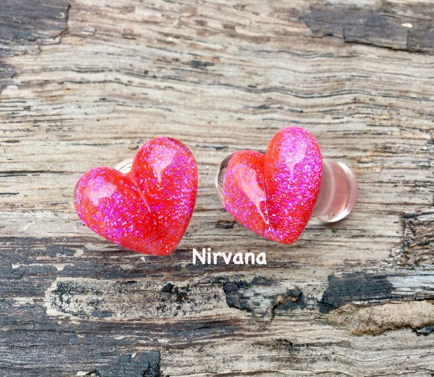 1 Pair (2 Pieces) Cherry Red Pink Dichroic Glass Heart Plugs Pyrex