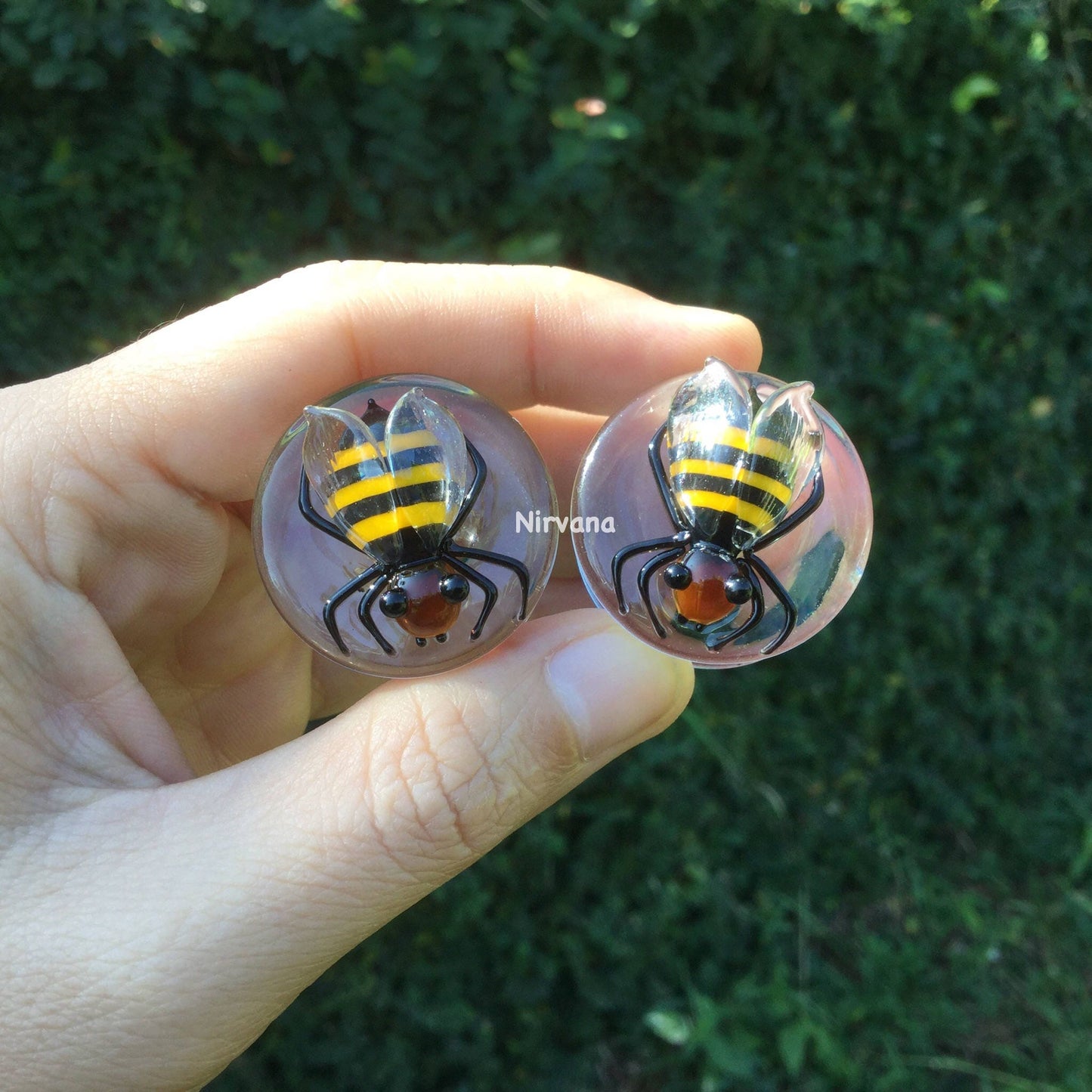 1 Pair (2 Pieces) Pyrex Glass Honey Bee Plugs One Pair Gauges