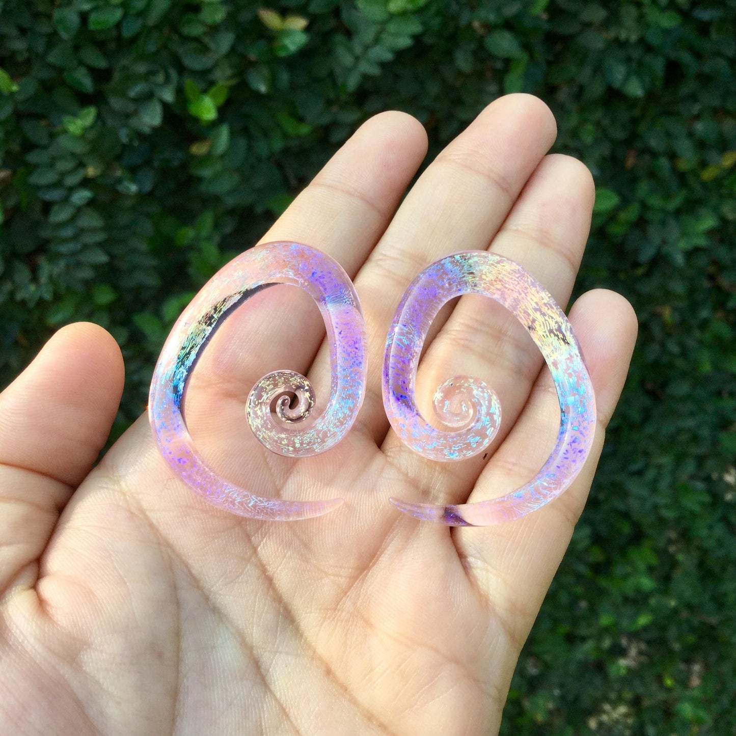 1 Pair (2 Pieces) Translucent Rainbow Trans Pink Dichroic Glass Tear Drop Spirals