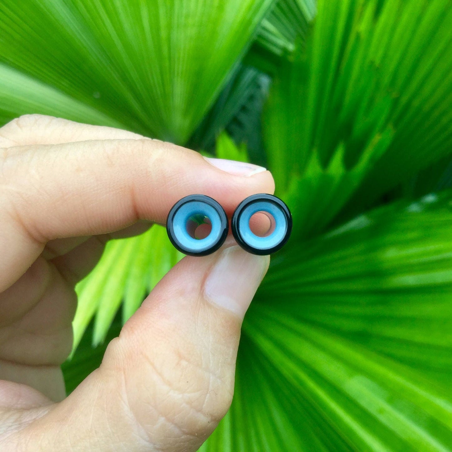 1 Pair (2 Pieces) Black & Sky Blue 2 Tone Tunnels Glass