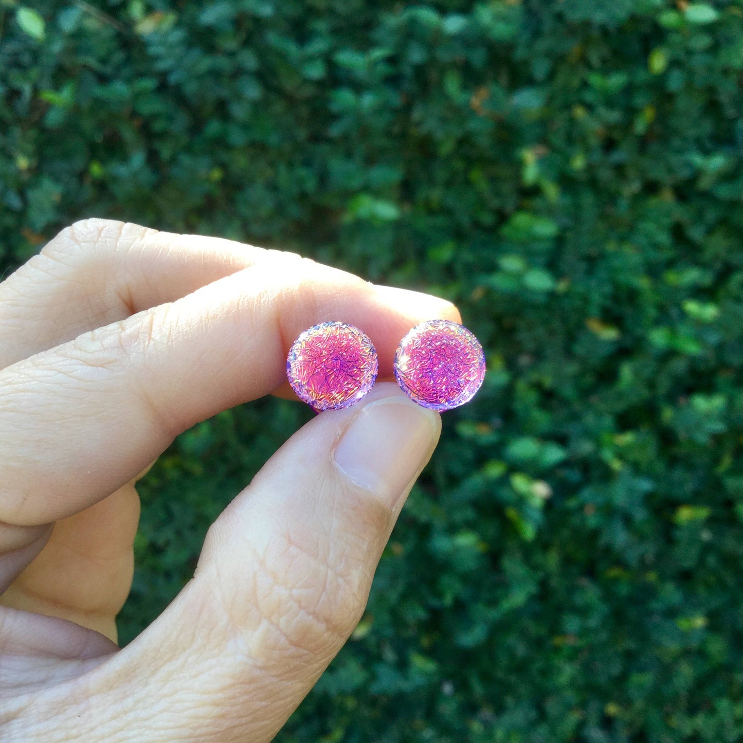 1 Pair (2 Pieces) Translucent Fire Red Dichroic Glass Plugs on Trans. Purple Background Color