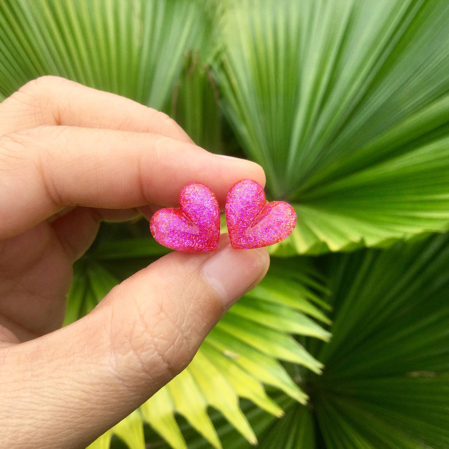1 Pair (2 Pieces) Cherry Red Pink Dichroic Glass Heart Plugs Pyrex