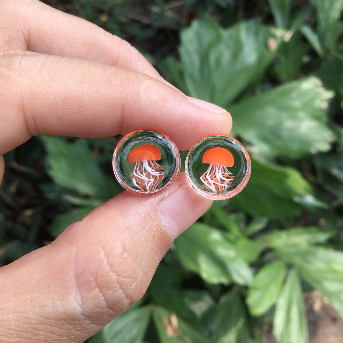 1 Pair (2 Pieces) Pyrex Glass Orange Head Jellyfish Plugs with White & Orange Legs