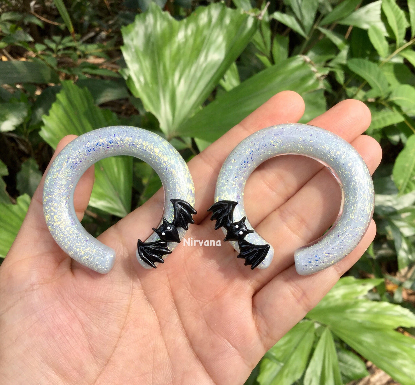 1 Pair (2 Pieces) Bat Hoops with a Pearlescent "GRAY" Dichroic Background