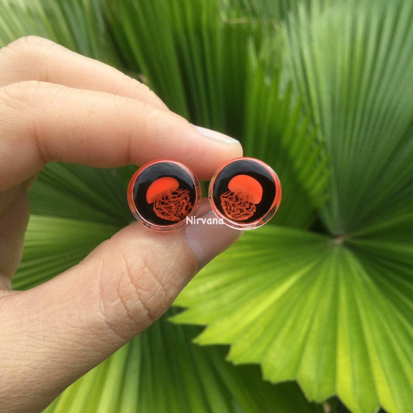 1 Pair (2 Pieces) Red Pyrex Glass Jellyfish Plugs on Black with Red Legs