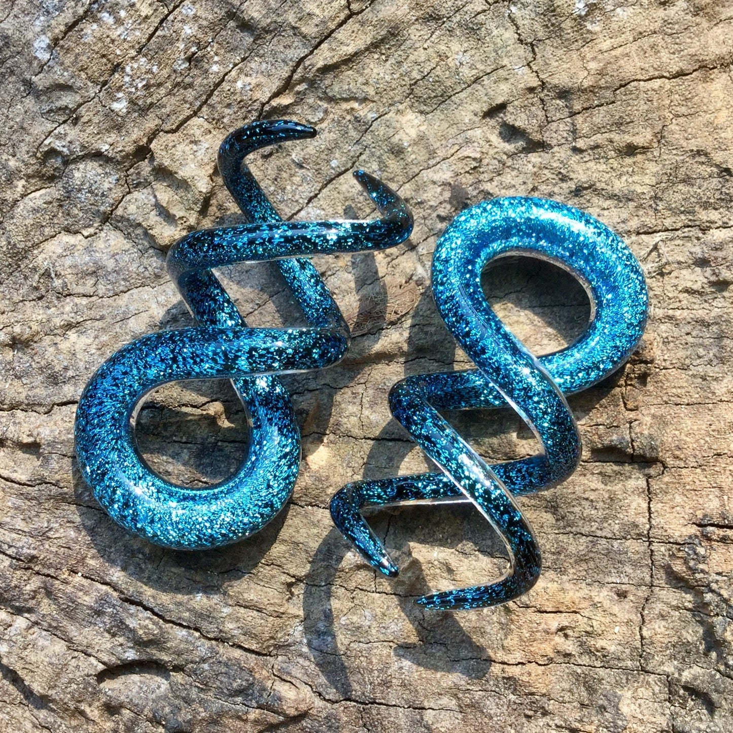 1 Pair (2 Pieces) Aqua Blue Dichroic Glass Cork Screw Spirals