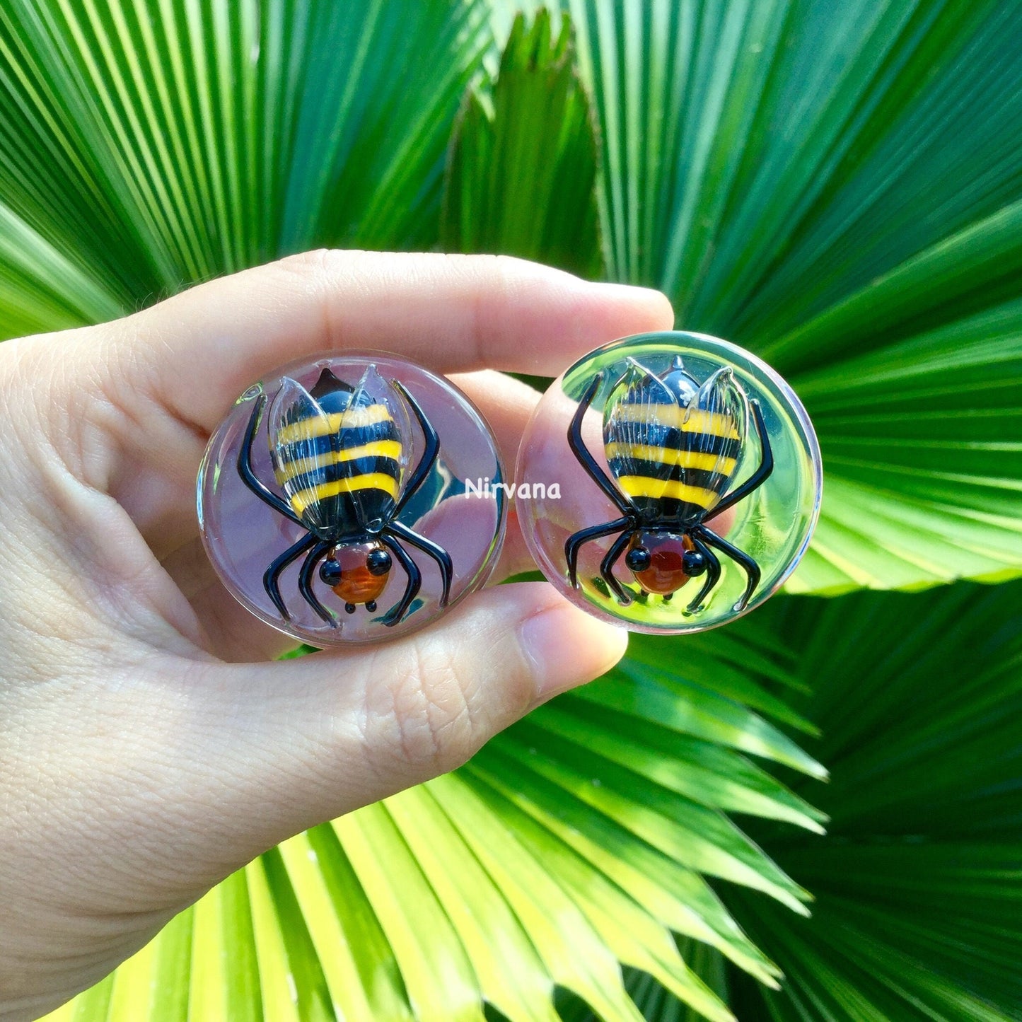 1 Pair (2 Pieces) Pyrex Glass Honey Bee Plugs One Pair Gauges