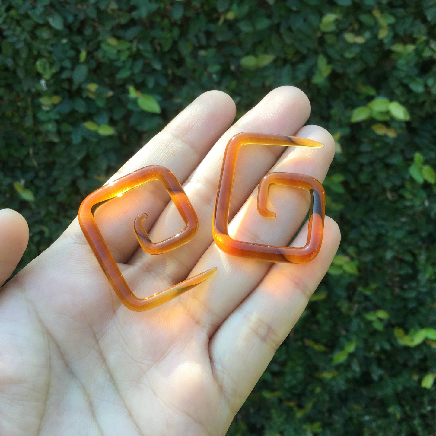 1 Pair (2 Pieces) Translucent Amber Colored Glass Square Spirals