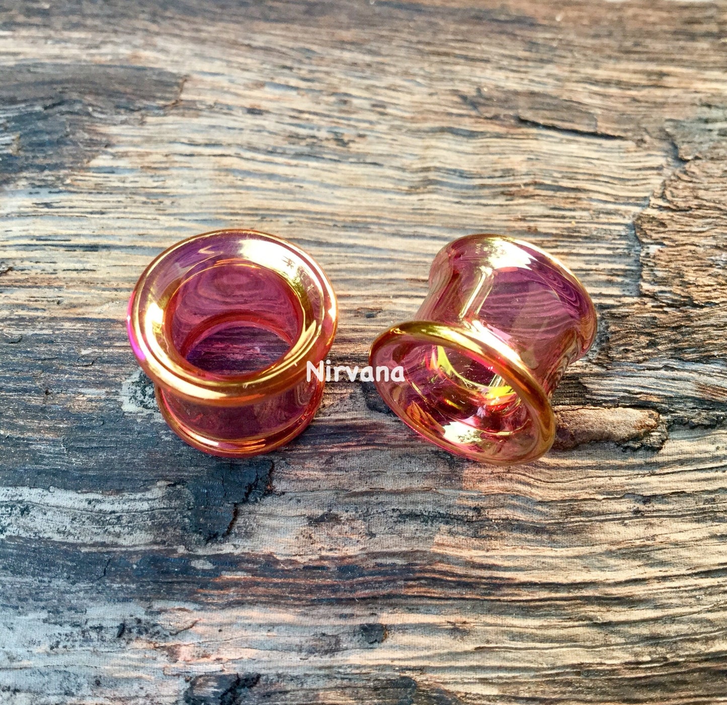 1 Pair (2 Pieces) 24K Ruby Gold Colored Glass Tunnels