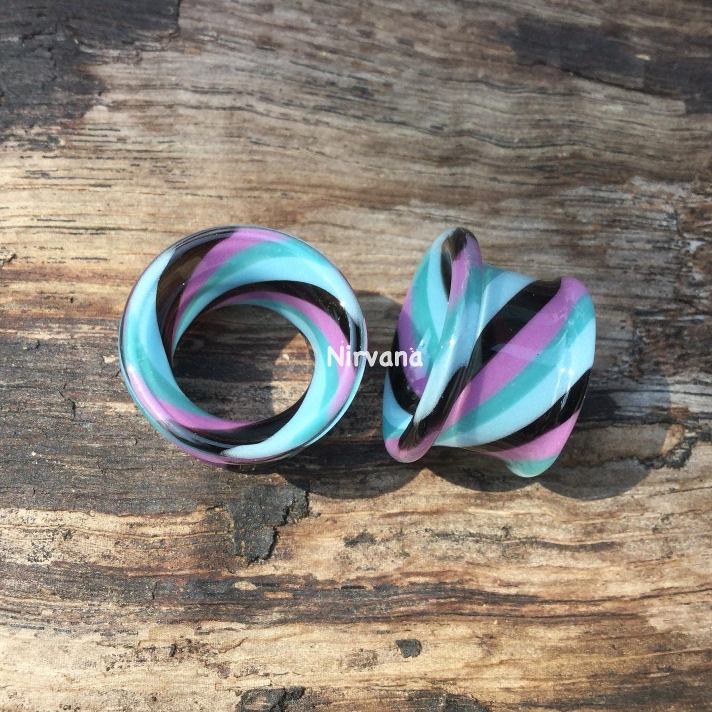 1 Pair (2 Pieces) Black, Mauve, Aqua & Sky Blue Twist Tunnels Pyrex Glass