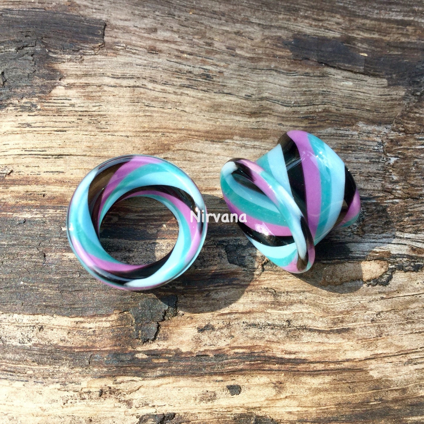 1 Pair (2 Pieces) Black, Mauve, Aqua & Sky Blue Twist Tunnels Pyrex Glass