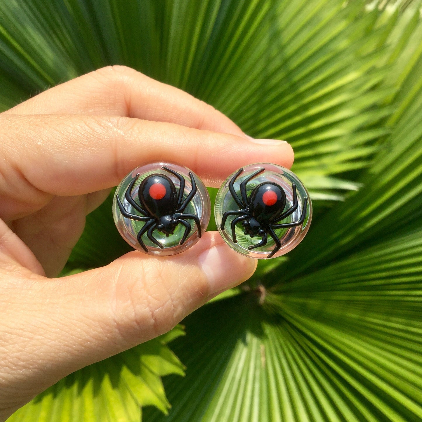1 Pair (2 Pieces) Black Widow Spider with Dark Red Spots Glass Plugs