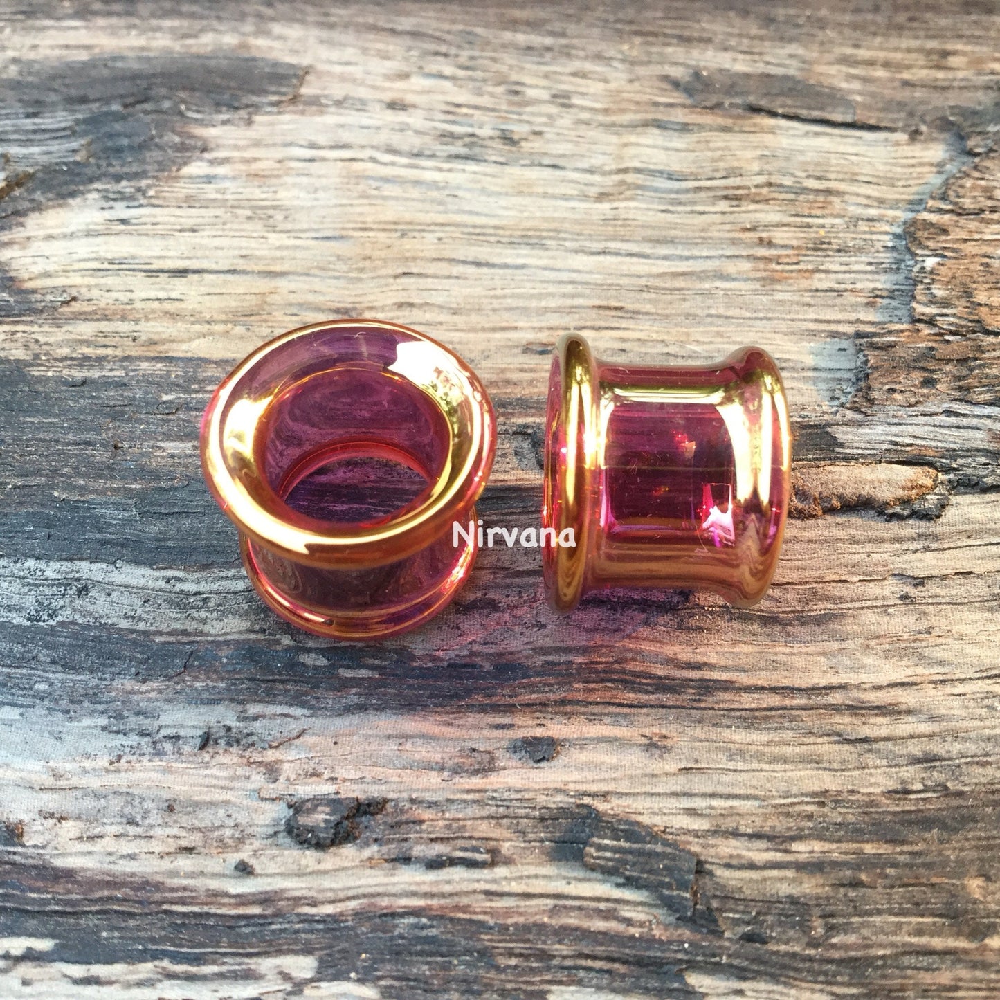 1 Pair (2 Pieces) 24K Ruby Gold Colored Glass Tunnels