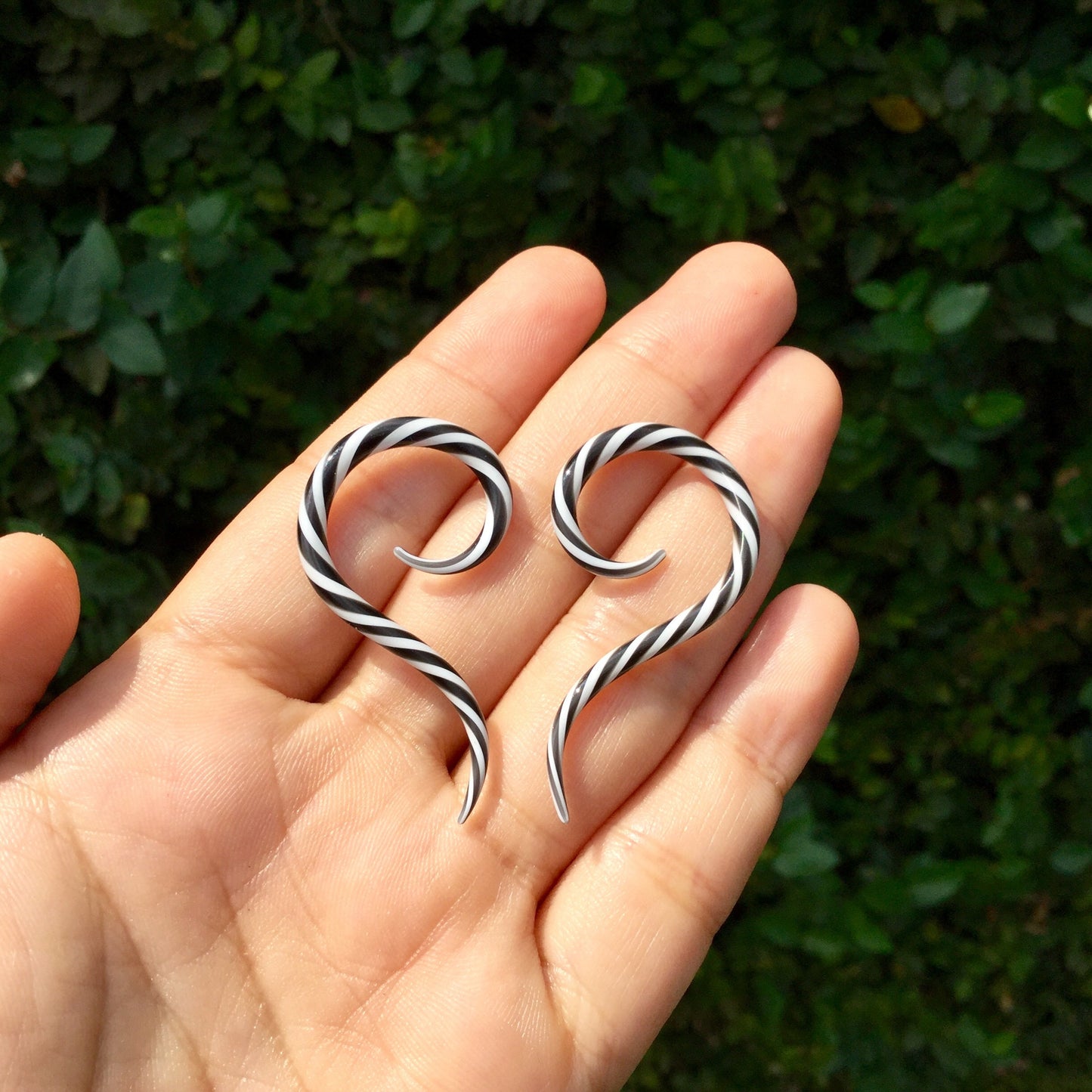 1 Pair (2 Pieces) Black & White Twists Thai Spirals Glass