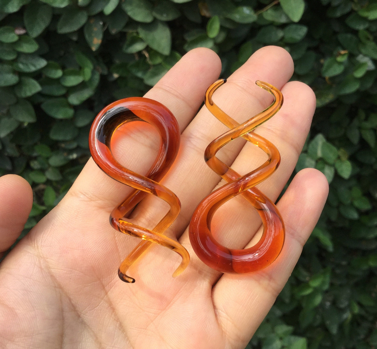 1 Pair (2 Pieces) Amber Color Glass Cork Screw Spirals