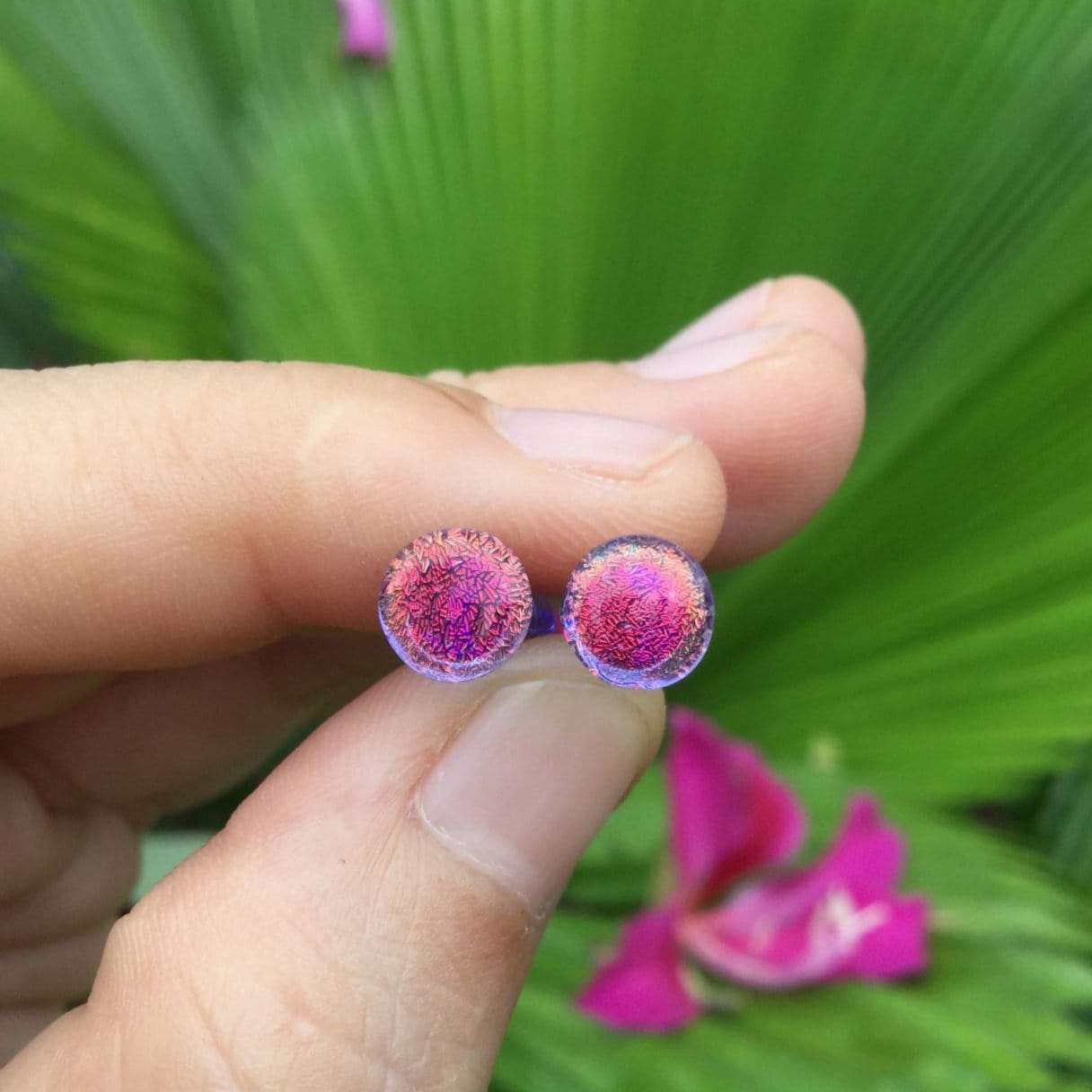 1 Pair (2 Pieces) Translucent Fire Red Dichroic Glass Plugs on Trans. Purple Background Color