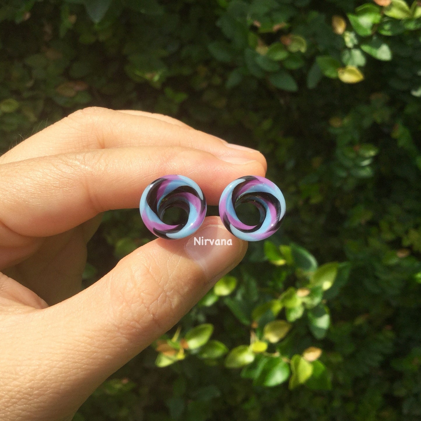 1 Pair (2 Pieces) Black, Mauve, Aqua & Sky Blue Twist Tunnels Pyrex Glass